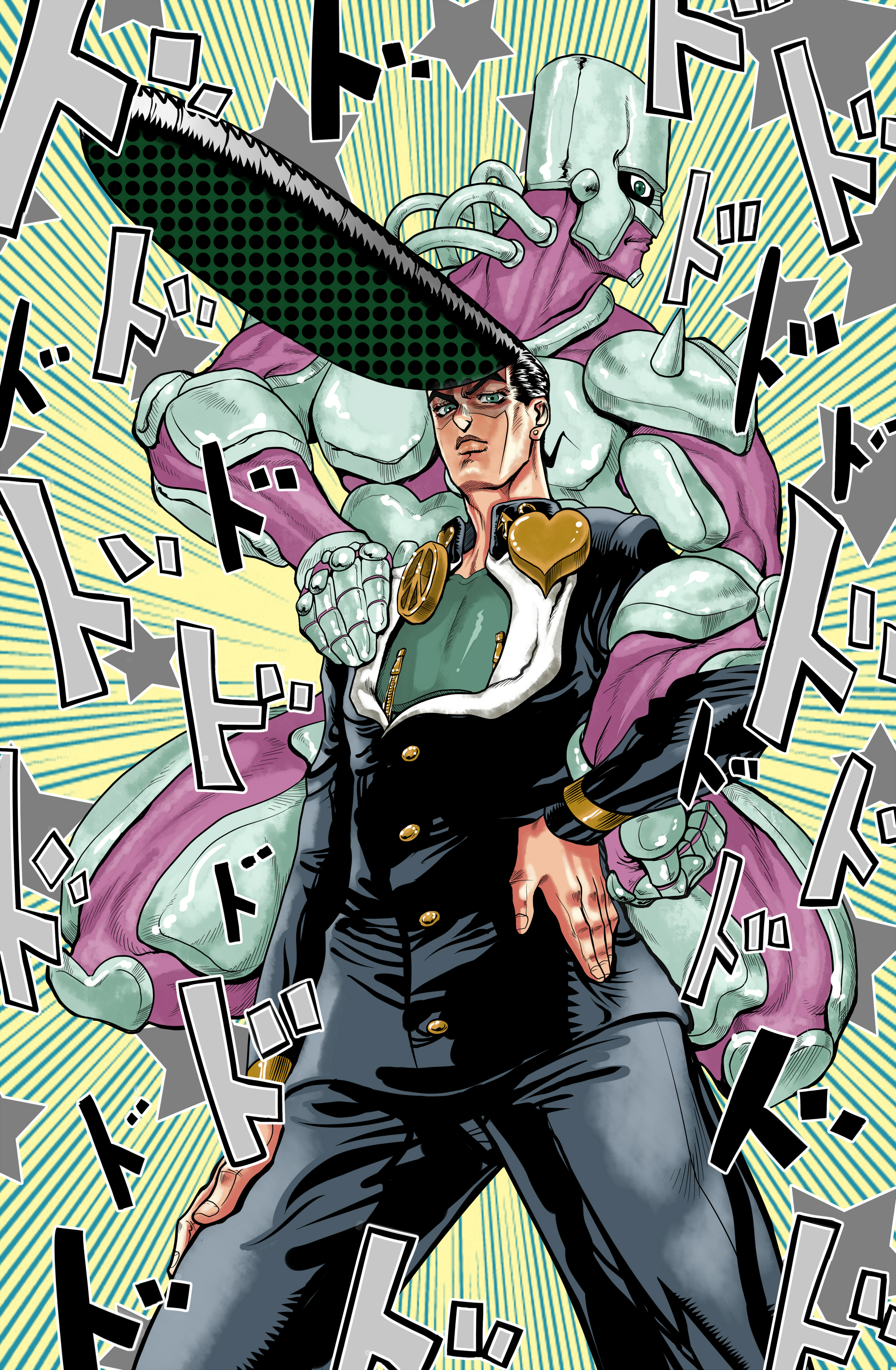 diolemonde, crazy diamond, higashikata josuke, stand (jojo), diamond is not crash, jojo no kimyou na bouken, absurdres, highres, 1boy, anchor (symbol), black hair, gakuran, hand on own hip, heart, male focus, multiple boys, peace symbol, pompadour, school uniform, star (symbol)