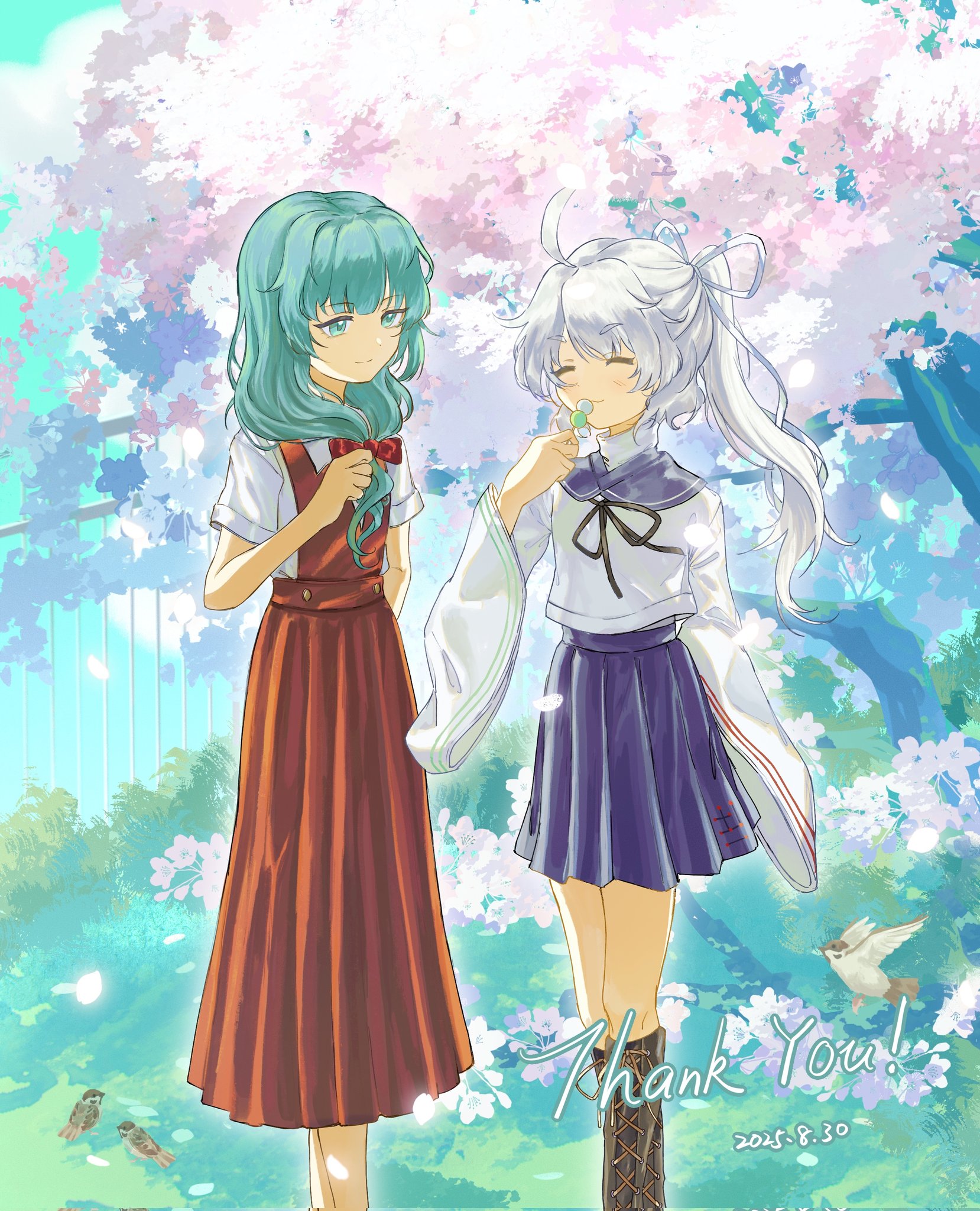 aeginflash, kagiyama hina, mononobe no futo, touhou, commission, highres, 2girls, alternate costume, dango, dress, eating, food, front ponytail, green eyes, green hair, multiple girls, red dress, school uniform, shirt, smile, wagashi, white hair, white shirt, wide sleeves