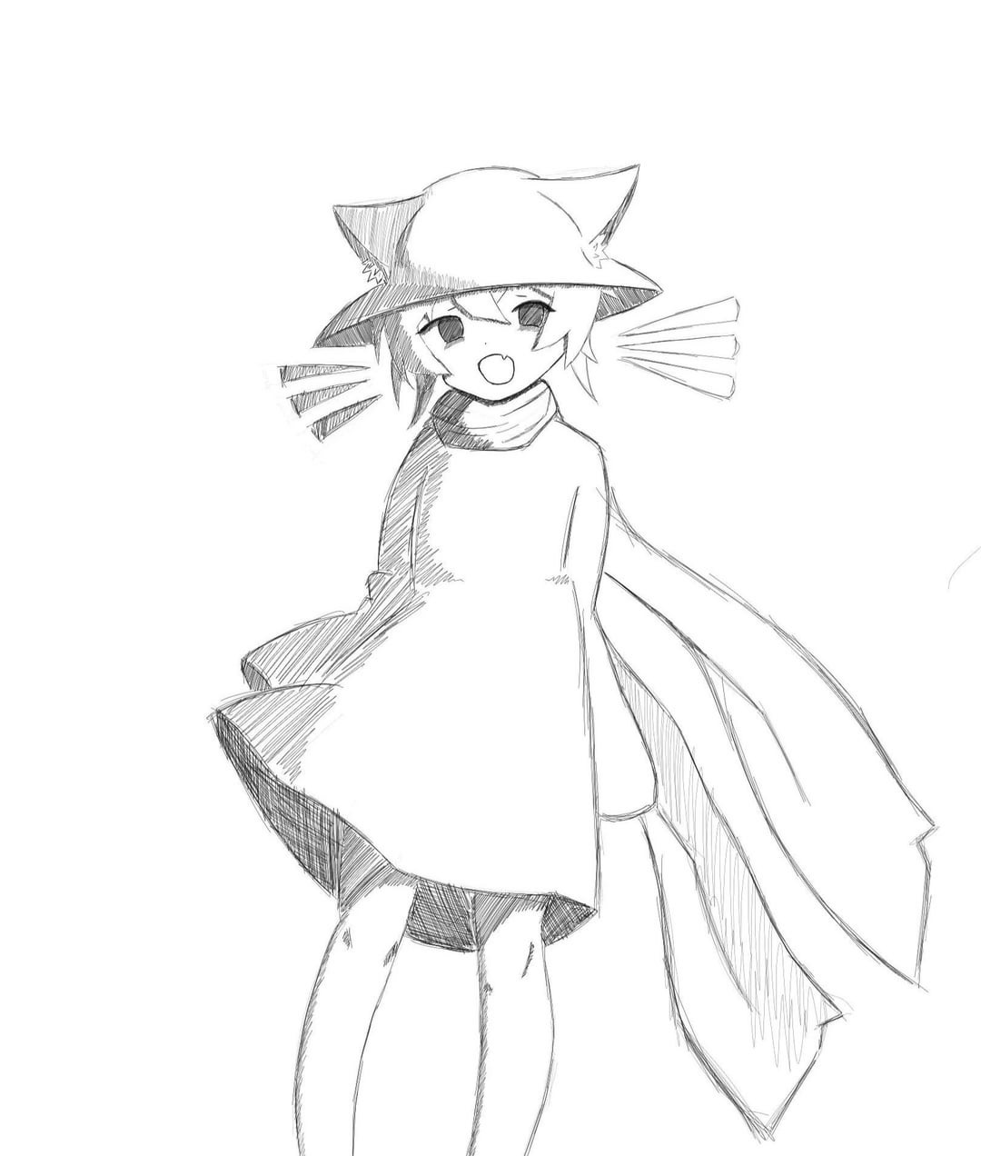 niko (oneshot), oneshot (game), commentary, english commentary, highres, third-party source, 1other, animal ears, arm behind back, arms behind back, bare legs, cat ears, dress shirt, fang, hat, hat with ears, looking at viewer, monochrome, no legwear, open mouth, scarf, seregachekram, shirt, smile, solo, standing, whiskers, white background, wind