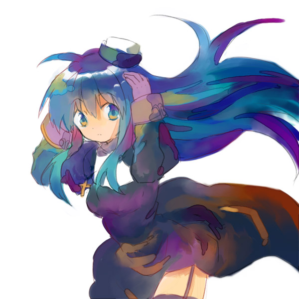 shatiko, ragnarok online, bad id, bad pixiv id, character request, photoshop (medium), 1girl, aqua eyes, aqua hair, black dress, blue hair, cowboy shot, cross, cross necklace, dress, female focus, garter straps, hat, jewelry, leaning forward, long hair, looking at viewer, multicolored hair, necklace, nun, simple background, solo, standing, thighhighs, two-tone hair, white background, wind, wind lift