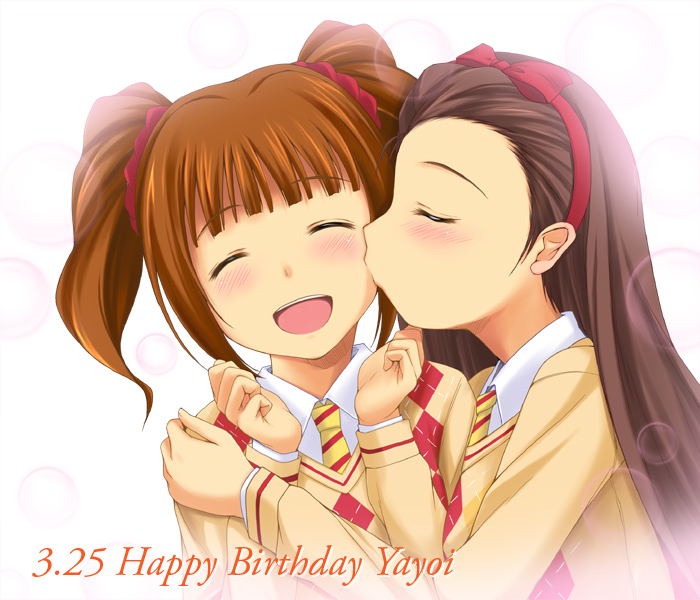 nishi (count2.4), minase iori, takatsuki yayoi, idolmaster, idolmaster (classic), idolmaster 1, 00s, birthday, kiss, school uniform, serafuku, twintails