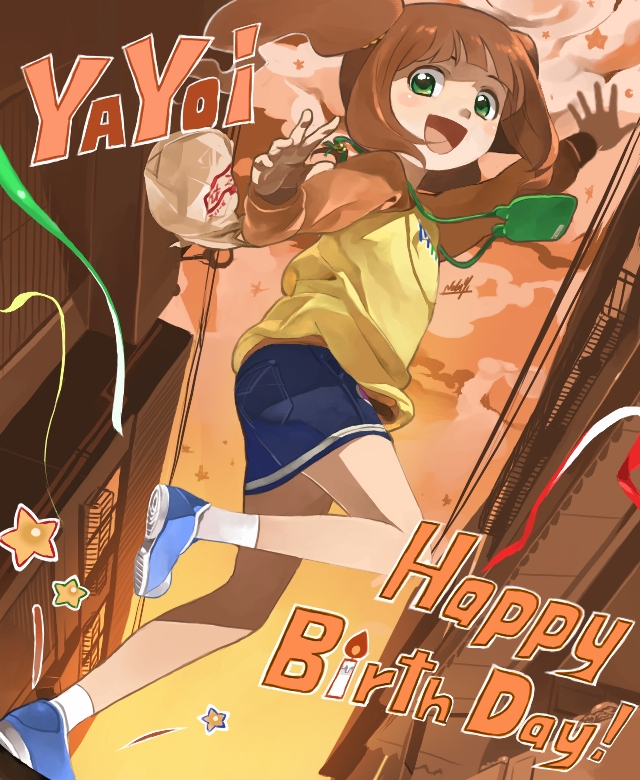umi no manateii, takatsuki yayoi, idolmaster, idolmaster (classic), idolmaster 1, bad id, bad pixiv id, 00s, 1girl, brown hair, female focus, green eyes, open mouth, raglan sleeves, solo, twintails
