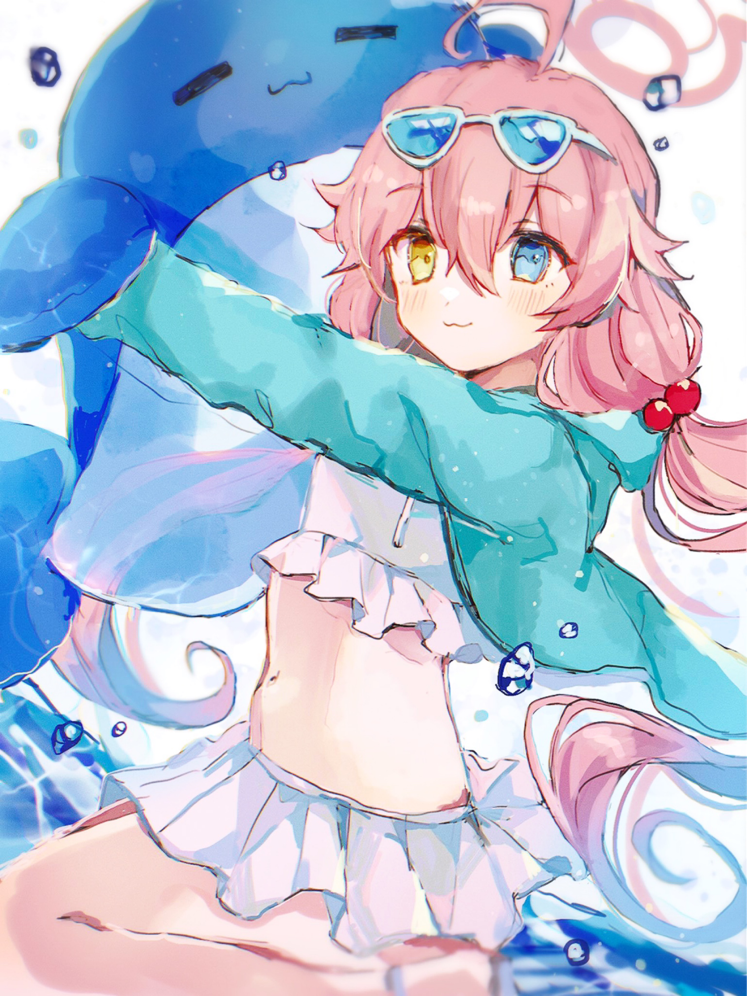 nemunemu1226, hoshino (blue archive), blue archive, highres, 1girl, :3, bikini, blue jacket, halo, heterochromia, holding, jacket, pink hair, sunglasses, swimsuit, white bikini