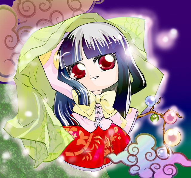 souno tasuku, houraisan kaguya, touhou, 1girl, black hair, chibi, female focus, red eyes, solo, standing
