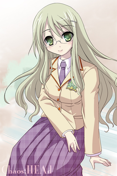 kouki kuu, kusunoki yua, chaos;head, science adventure, 00s, 1girl, alternate hair color, blazer, copyright name, female focus, glasses, green eyes, green hair, hair ornament, hairclip, jacket, long sleeves, looking at viewer, matching hair/eyes, necktie, pleated skirt, rimless eyewear, school uniform, serafuku, shirt, sitting, skirt, smile, solo, wing collar