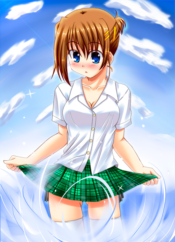 lask, yagami hayate, lyrical nanoha, mahou shoujo lyrical nanoha, mahou shoujo lyrical nanoha strikers, 00s, 1girl, :o, blue eyes, blush, brown hair, cowboy shot, female focus, green skirt, parted lips, plaid clothes, plaid skirt, shirt, skirt, solo, thighhighs, wading, water, white shirt, white thighhighs, wide-eyed, zettai ryouiki