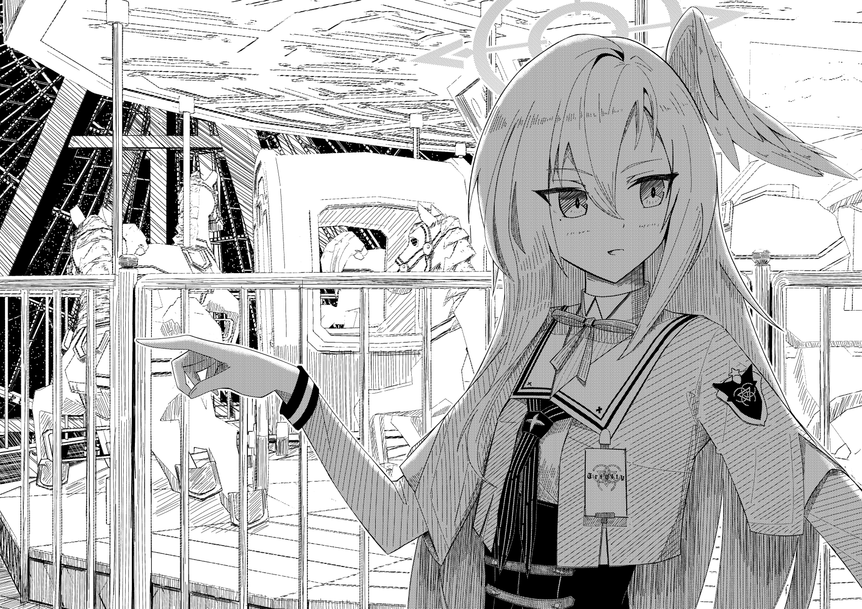 kotoba ayato, suzumi (blue archive), blue archive, commentary request, highres, 1girl, carousel, greyscale, hair between eyes, halo, head wings, long hair, long sleeves, monochrome, open mouth, pointing, school uniform, single head wing, smile, solo, trinity general school logo, upper body, wings