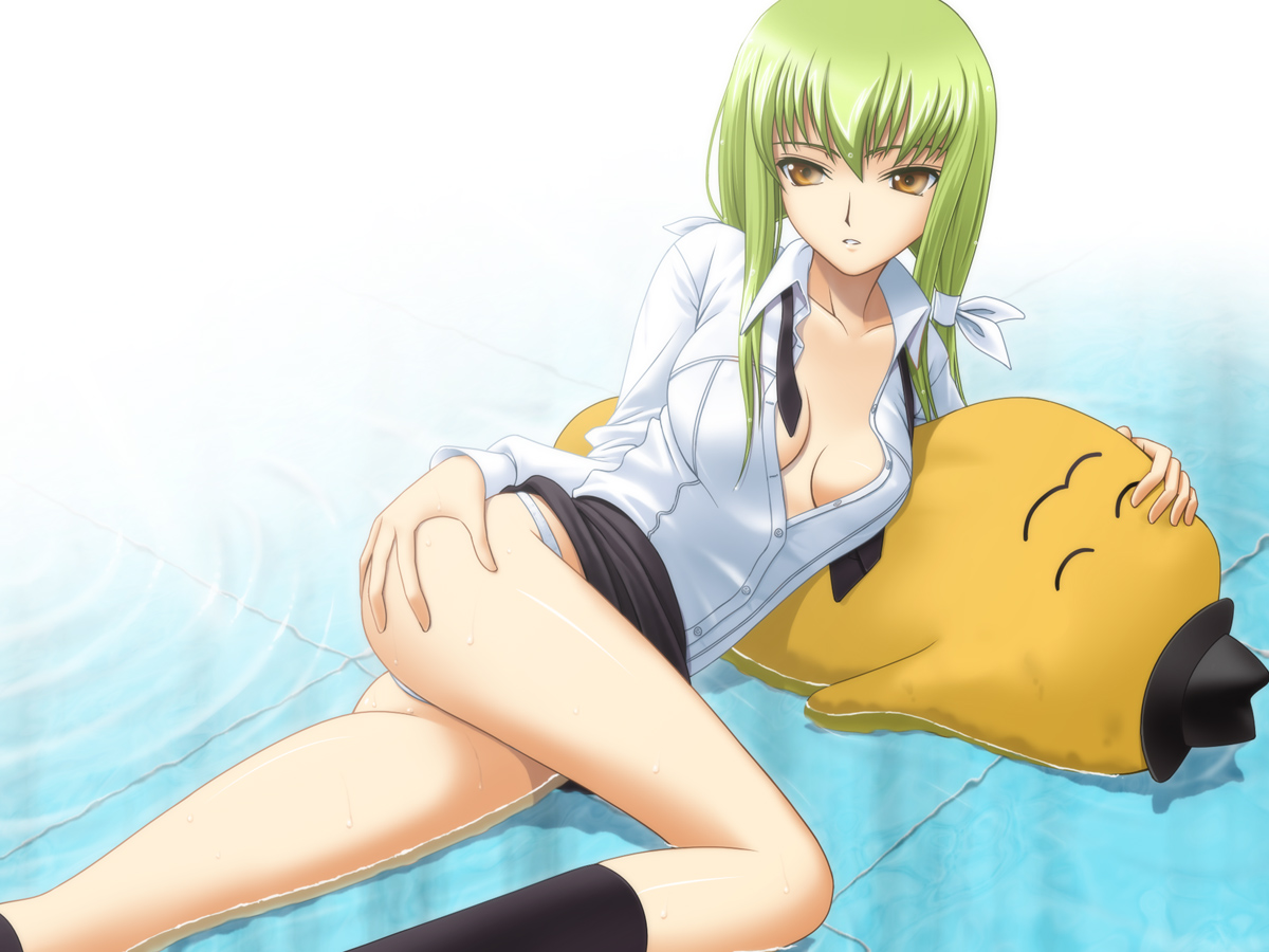 40010prototype, c.c., cheese-kun, code geass, pizza hut, 00s, 1girl, ass, breasts, cleavage, female focus, green hair, long hair, no bra, open clothes, open shirt, orange eyes, shirt, solo, thighs, water