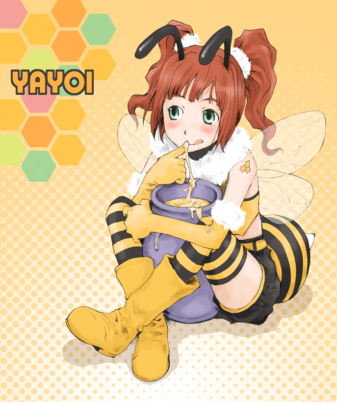 tamaoki benkyou, takatsuki yayoi, idolmaster, idolmaster (classic), idolmaster 1, bad id, bad pixiv id, 1girl, :q, antennae, arthropod girl, bee, bee costume, bee girl, boots, brown hair, bug, cosplay, female focus, green eyes, honey, honeycomb (pattern), honeycomb background, honeycomb pattern, insect, insect girl, monster girl, short hair, solo, striped clothes, striped thighhighs, thighhighs, tongue, tongue out, twintails, wings