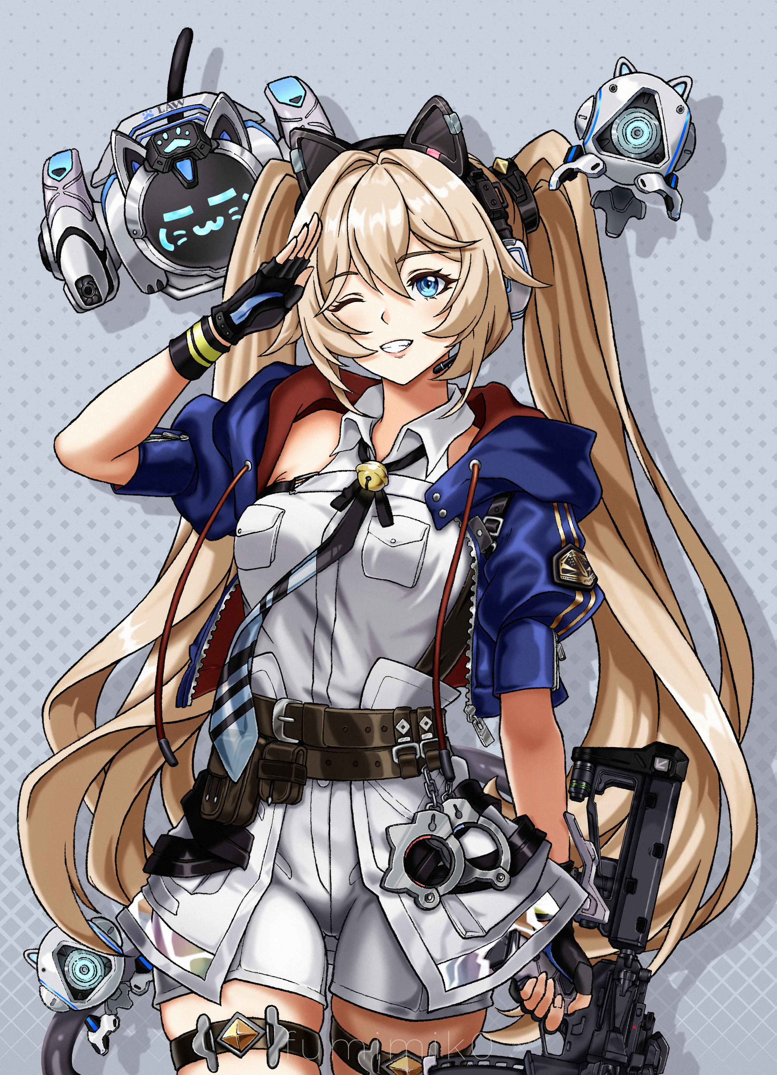michele (strinova), strinova, 1girl, animal ears, artist name, bell, belt, blonde hair, blue eyes, breasts, cat ears, cat girl, cuffs, fake animal ears, fingerless gloves, fumimik0, gloves, gun, hair intakes, hand up, handcuffs, headset, jacket, long hair, medium breasts, necktie, one eye closed, open clothes, open jacket, polka dot, polka dot background, rifle, robot, salute, shorts, smile, submachine gun, teeth, thigh strap, thighs, twintails, very long hair, weapon, wink, zipper