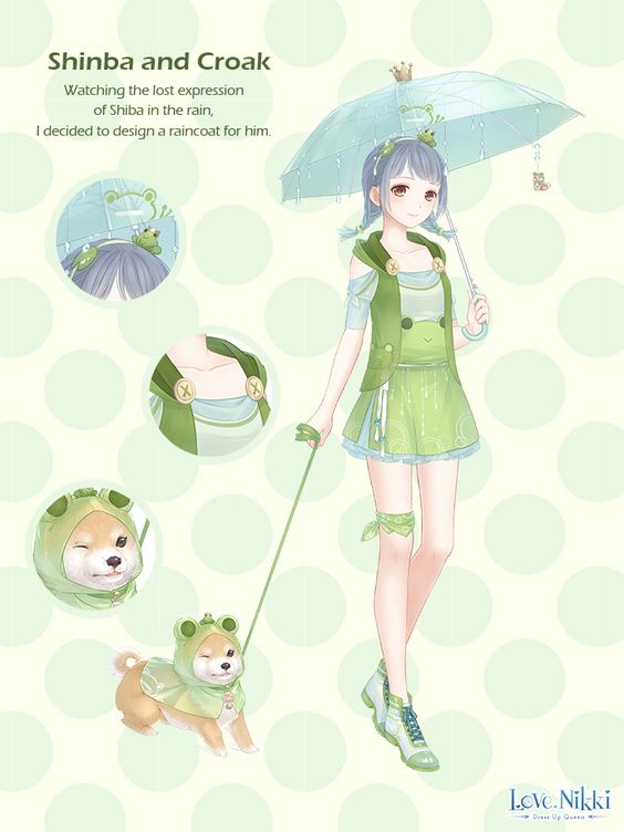 miracle nikki, nikki (series), artist request, official art, !, !!, 1girl, animal, animal hood, animal print, bare shoulders, blue shirt, blue umbrella, braid, brown eyes, buttons, character name, cloak, close-up, closed mouth, clothed animal, collarbone, copyright name, dog, dot nose, english text, frilled skirt, frills, frog hair ornament, frog hood, frog print, full body, green background, green cloak, green skirt, green vest, grey hair, hair ornament, hairband, happy, high-waist skirt, holding, holding leash, holding umbrella, hood, hood down, hood up, hooded cloak, hooded vest, hoodie, layered skirt, leash, light blush, logo, looking at viewer, low twin braids, medium hair, miniskirt, off-shoulder shirt, off shoulder, open clothes, open vest, polka dot, polka dot background, shiba and croak (miracle nikki), shiba inu, shirt, shoes, short sleeves, skirt, smile, sneakers, solo, standing, thigh strap, transparent, transparent umbrella, twin braids, umbrella, umbrella over shoulder, vest, white hairband, white shoes