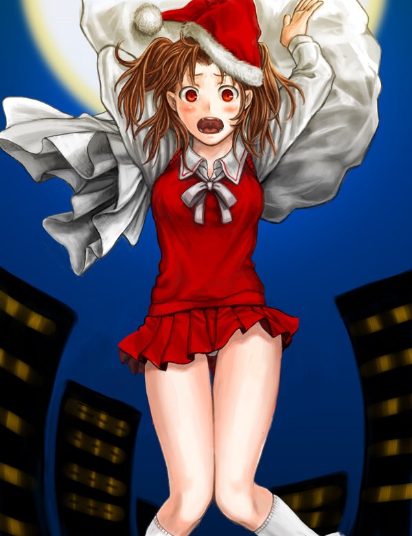 kuroi nyan, yumizuka satsuki, tsukihime, 00s, 1girl, arms up, blush, brown hair, christmas, city, fangs, female focus, full moon, hat, knees together feet apart, looking at viewer, miniskirt, moon, neck ribbon, night, open mouth, panties, pantyshot, pleated skirt, red eyes, ribbon, sack, santa hat, skirt, solo, twintails, two side up, underwear, upskirt, vampire, vest