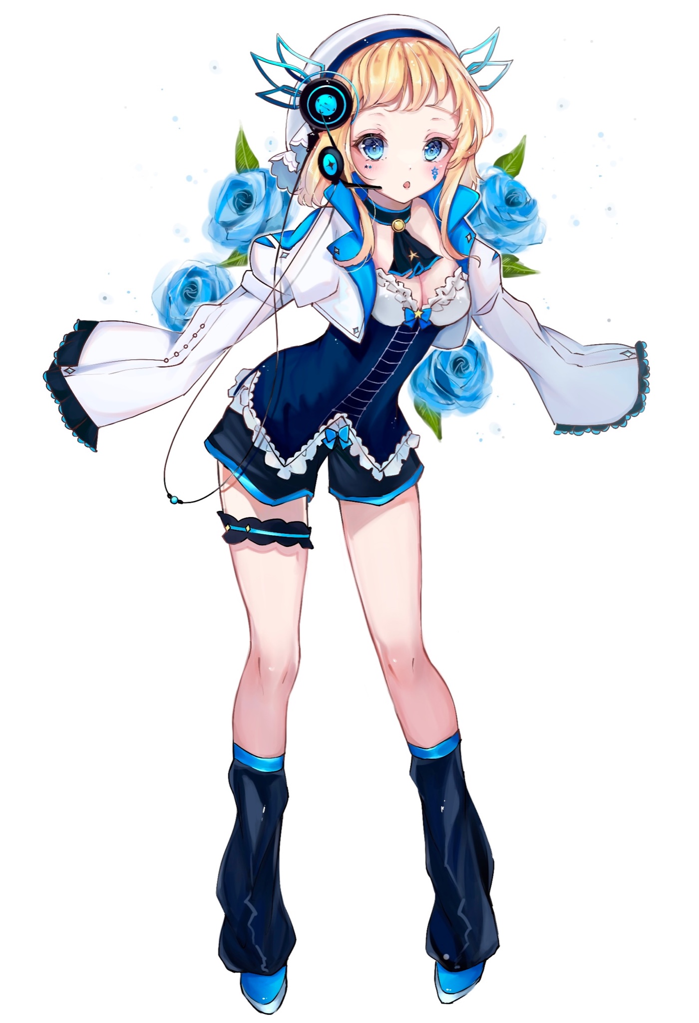 raika (kaidayo), eto (arcaea), arcaea, commentary request, highres, 1girl, beret, black boots, black shoes, black shorts, blonde hair, blue bow, blue eyes, blue flower, blue shirt, boots, bow, buttons, cable, cape, curly hair, facial tattoo, flower, frilled sleeves, frilled thighhighs, frills, hat, large buttons, layered skirt, leg ribbon, long sleeves, miniskirt, pleated skirt, ribbon, scissors, shirt, shoes, short hair, shorts, skirt, sleeves past wrists, solo, star (symbol), star tattoo, straight hair, tattoo, thighhighs, white bow, white cape, white hair, white hat, wrist cuffs