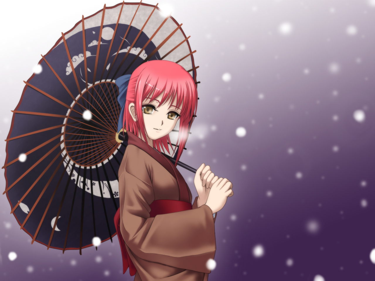 40010prototype, kohaku (tsukihime), tsukihime, 00s, bow, breath, brown eyes, hair bow, japanese clothes, kimono, oil-paper umbrella, red hair, short hair, snow, solo, umbrella