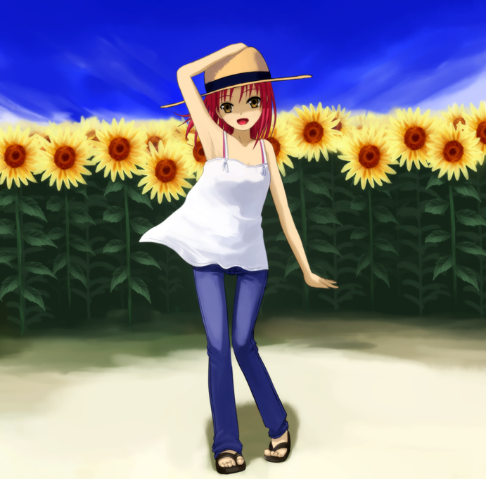 40010prototype, kohaku (tsukihime), tsukihime, 00s, arm up, armpits, brown eyes, camisole, field, flower, flower field, hand on headwear, hat, pants, red hair, sandals, short hair, solo, sun hat, sunflower, sunflower field