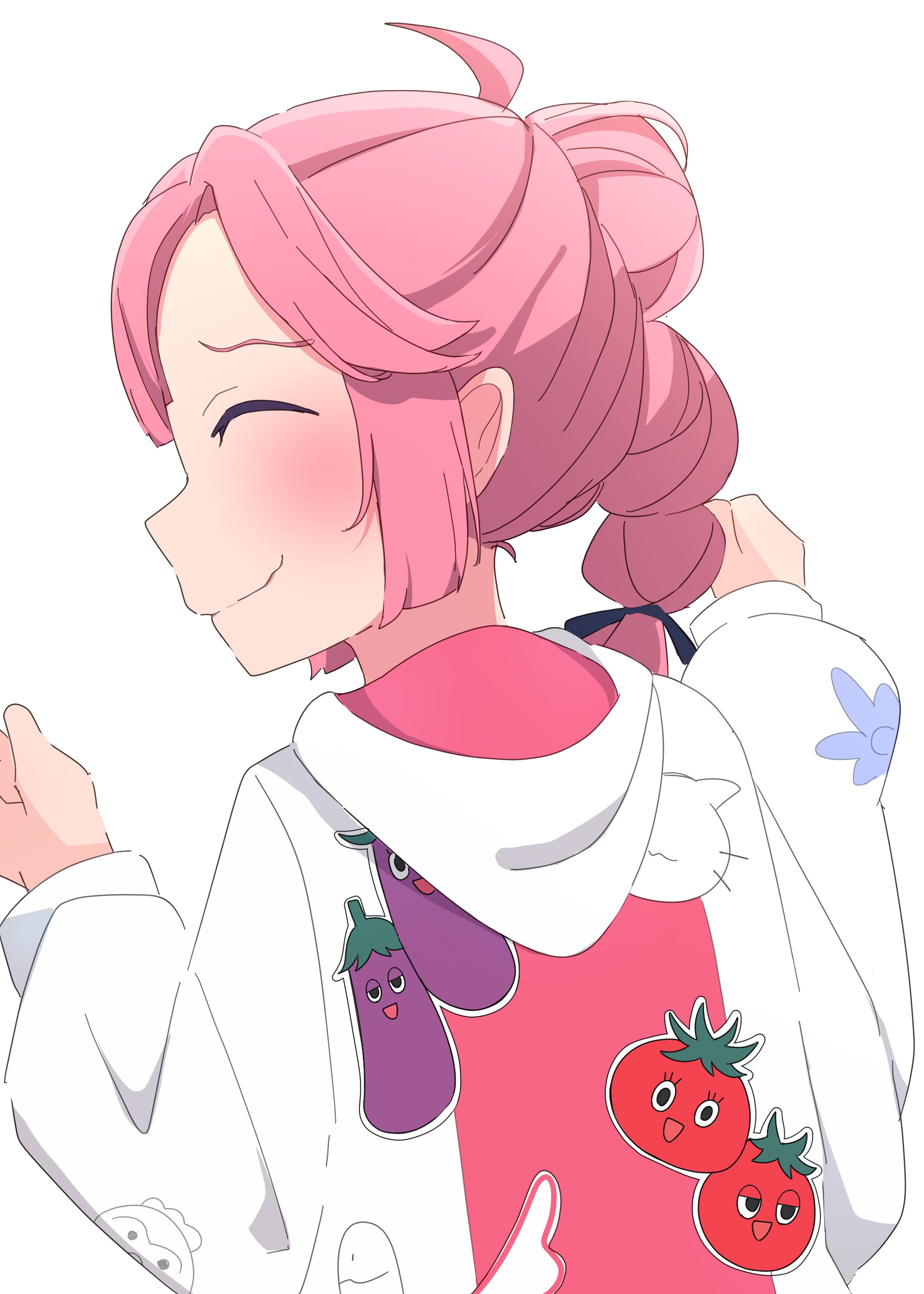 kametora (kametora02), anyoji hime, link! like! love live!, love live!, absurdres, commentary request, highres, 1girl, :d, ^ ^, ahoge, blush, closed eyes, closed mouth, from behind, half-closed eyes, jacket, long hair, long sleeves, multi-tied hair, nasu-san (love live!), open mouth, osawa rurino's cardboard box, pink hair, pink jacket, ponytail, profile, simple background, smile, solo, tomati (love live!), virtual youtuber, white background