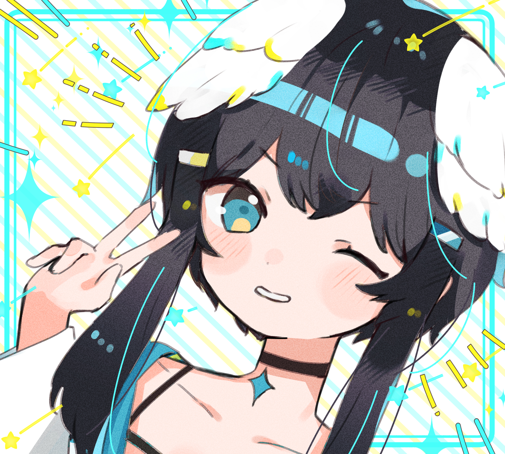kurata rine, kurata rine (vtuber), indie virtual youtuber, commentary request, highres, 1girl, black choker, black hair, blue eyes, blush stickers, choker, collarbone, dutch angle, feathered wings, hair ornament, hairclip, hand up, head wings, jacket, long hair, long sleeves, looking at viewer, one eye closed, solo, star (symbol), v, v-shaped eyebrows, virtual youtuber, white jacket, white wings, wide sleeves, wings