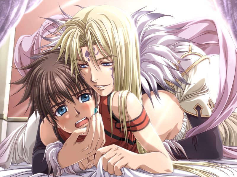 takatsuki noboru, might, ragsiel, silver chaos, vividcolor, game cg, 2boys, anal, bed, blonde hair, blue eyes, blush, brown hair, clothes pull, holding, long hair, male focus, male penetrated, multiple boys, pants, pants pull, tattoo, yaoi