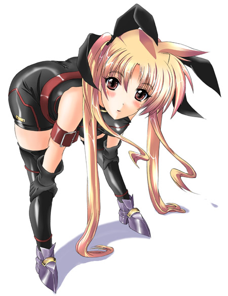 ootori mahiro, ootori mahiru, fate testarossa, fate testarossa (sonic form), lyrical nanoha, mahou shoujo lyrical nanoha, mahou shoujo lyrical nanoha a's, mahou shoujo lyrical nanoha strikers, 00s, 1girl, bent over, blonde hair, female focus, gloves, solo, thighhighs, twintails