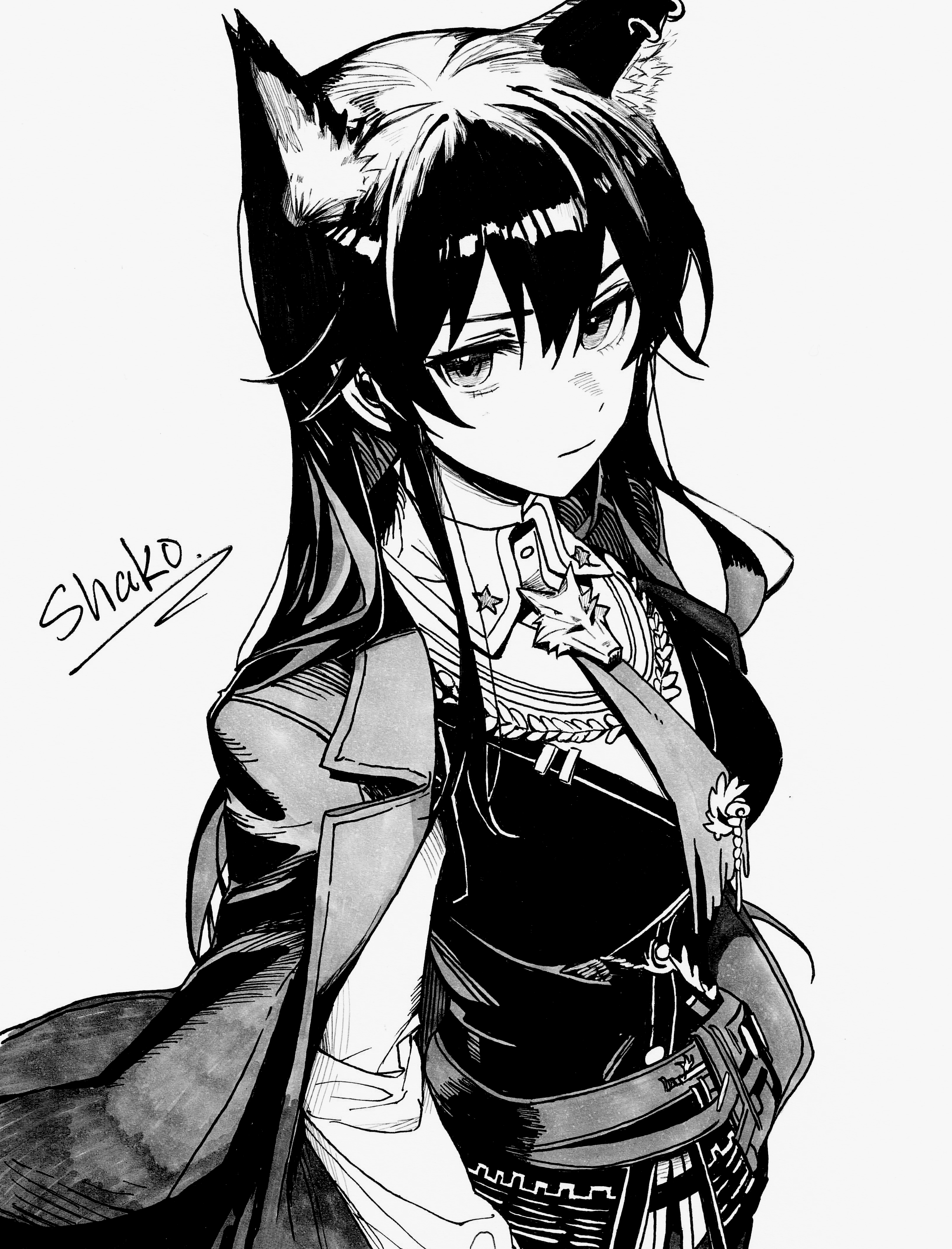 shako xc, texas (arknights), texas the omertosa (arknights), arknights, absurdres, chinese commentary, commentary request, highres, 1girl, animal ear fluff, animal ear piercing, animal ears, artist name, bolo tie, closed mouth, collared shirt, greyscale, hair between eyes, jacket, jacket on shoulders, lapels, long sleeves, looking at viewer, monochrome, official alternate costume, shirt, signature, solo, star (symbol), staring, vest, wolf ears, wolf girl