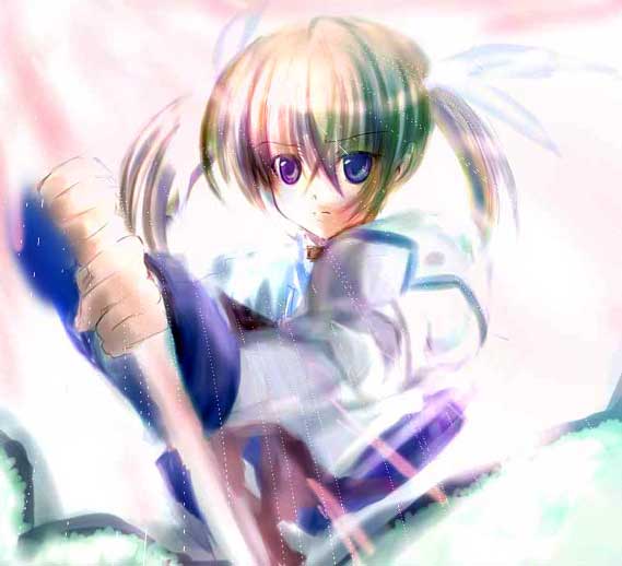 raising heart, takamachi nanoha, lyrical nanoha, mahou shoujo lyrical nanoha, 00s, 1girl, blue eyes, brown hair, dress, expressionless, female focus, hair between eyes, long sleeves, looking at viewer, magical girl, short hair, simple background, solo, twintails, upper body, white background, white dress