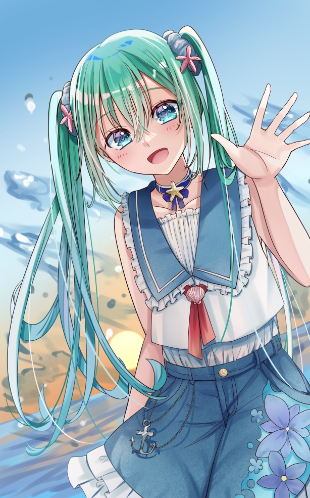 hapaa, hatsune miku, vocaloid, commentary request, 1girl, :d, anchor, aqua hair, blue choker, blue eyes, blue hair, blue sailor collar, blue skirt, blush, choker, cowboy shot, crossed bangs, denim, denim skirt, double-parted bangs, dutch angle, frilled shirt collar, frilled skirt, frills, gradient hair, hair between eyes, long hair, looking at viewer, multicolored hair, ocean, open mouth, outdoors, sailor collar, shirt, skirt, sleeveless, smile, solo, sunset, twintails, very long hair, waving, white shirt