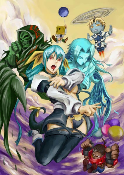 starplunder, dizzy (guilty gear), faust (guilty gear), necro (guilty gear), potemkin (guilty gear), robo-ky, undine (guilty gear), arc system works, guilty gear, 1girl, 2boys, asymmetrical wings, bag, bag on head, bag over head, balloon, blue hair, chibi, choker, clenched hand, clenched hands, clothed robot, flying, humanoid robot, multiple boys, paper bag, red eyes, ribbon, robot, skull, sky, tail, tail ornament, tail ribbon, thighhighs, wings