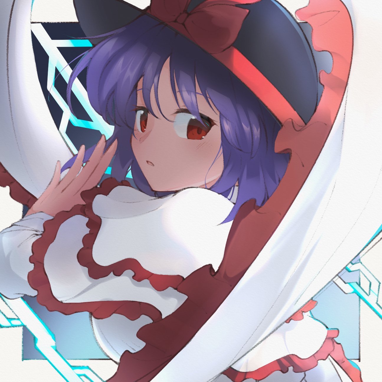 nazawa (nother), nagae iku, touhou, highres, 1girl, black hat, breasts, frilled ribbon, frills, hat, long sleeves, looking at viewer, purple hair, red eyes, ribbon, shirt, short hair, solo, upper body, white ribbon, white shirt