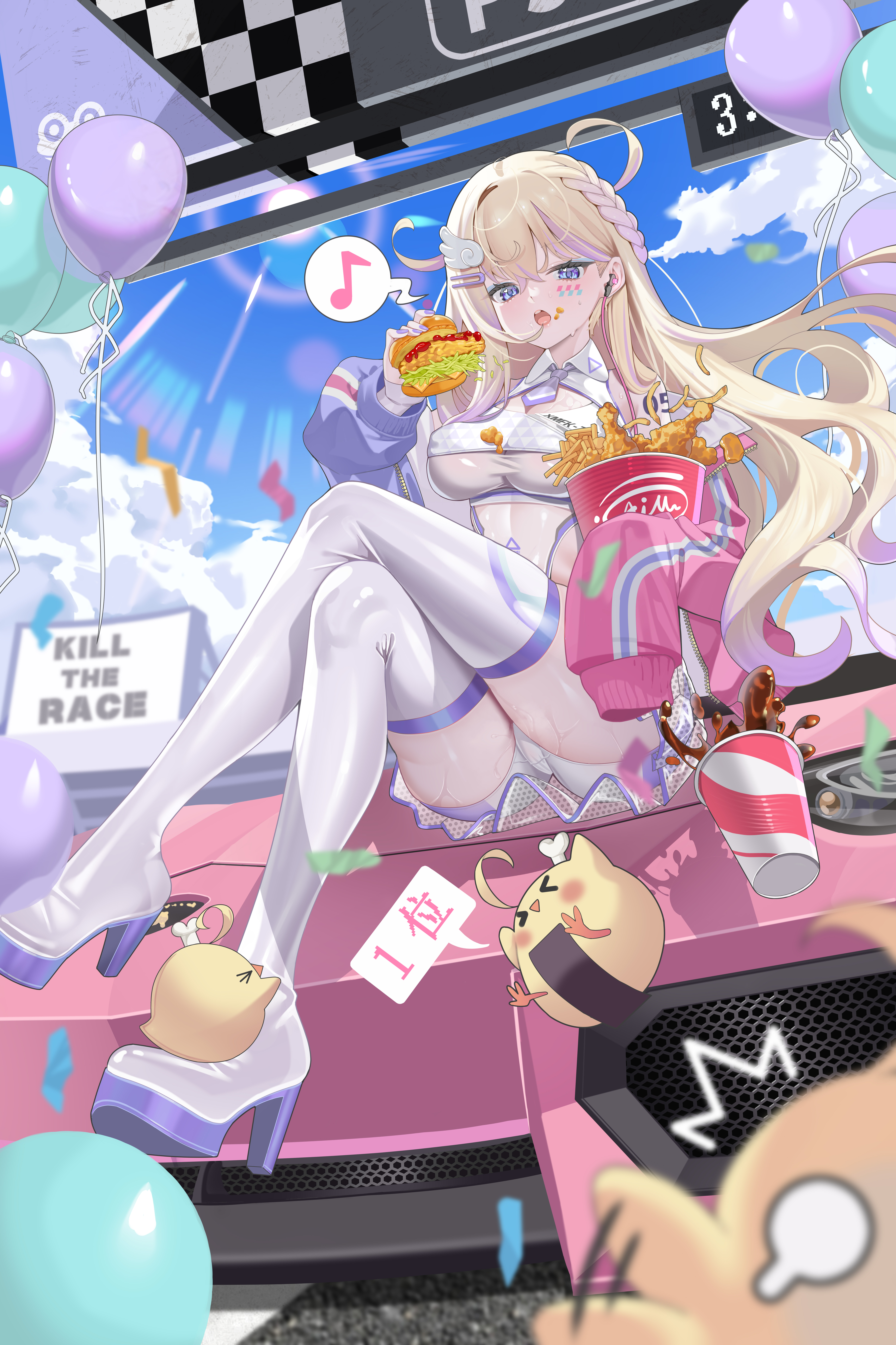 lamborghini, absurdres, chinese commentary, commentary request, highres, 1girl, baby animal, balloon, bird, blonde hair, blue eyeliner, blue eyes, blue sky, boots, braid, breasts, bucket of chicken, burger, car, cheese, chick, cloud, cola, collared shirt, confetti, crop top, crossed bangs, crossed legs, cup, day, disposable cup, eating, eyeliner, facial mark, floating hair, food, food on face, french fries, gradient hair, hair between eyes, hair ornament, hairclip, heart, heart in eye, high heel boots, high heels, holding, holding burger, holding food, jacket, ketchup, lamborghini aventador, large breasts, legs, lens flare, long hair, long sleeves, looking at viewer, makeup, motor vehicle, multicolored hair, musical note, necktie, on car, open mouth, pink car, purple hair, purple necktie, race queen, see-through clothes, see-through skirt, shirt, short necktie, shorts, side ahoge, single earphone, single sleeve past fingers, sitting, skirt, sky, soda, solo, split-color clothes, spoken musical note, sports car, stadium, sun, sweat, symbol in eye, thigh boots, thighhighs, thighs, user 20578587, very long hair, virtual youtuber, wing hair ornament, xia mifan, xuyan xueyuan, zipper