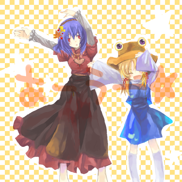 moriya suwako, yasaka kanako, touhou, white legwear, 2girls, :d, ^ ^, arms up, blonde hair, brooch, checkered background, closed eyes, dancing, female focus, gem, hair ornament, hat, jewelry, leaf hair ornament, long sleeves, looking at viewer, multiple girls, open mouth, purple hair, red eyes, simple background, smile, standing, thighhighs, zettai ryouiki