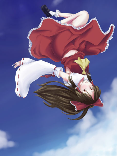 hakurei reimu, touhou, 1girl, ascot, bow, detached sleeves, female focus, flying, full body, hair bow, loafers, long sleeves, looking at viewer, ponytail, red bow, ribbon-trimmed sleeves, ribbon trim, shoes, solo, upside-down