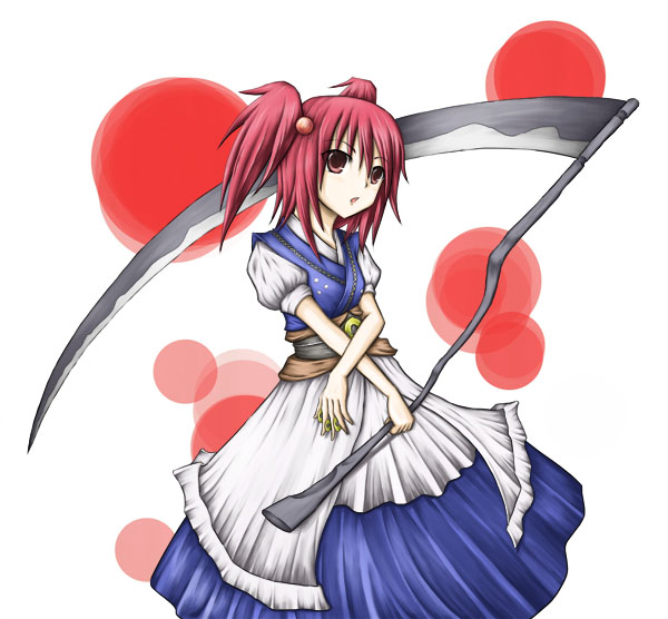 yuuhodou, onozuka komachi, touhou, 1girl, blush, crossed arms, female focus, japanese clothes, kimono, looking at viewer, obi, puffy short sleeves, puffy sleeves, red eyes, red hair, sash, scythe, short hair, short sleeves, simple background, solo, twintails, two side up, white background