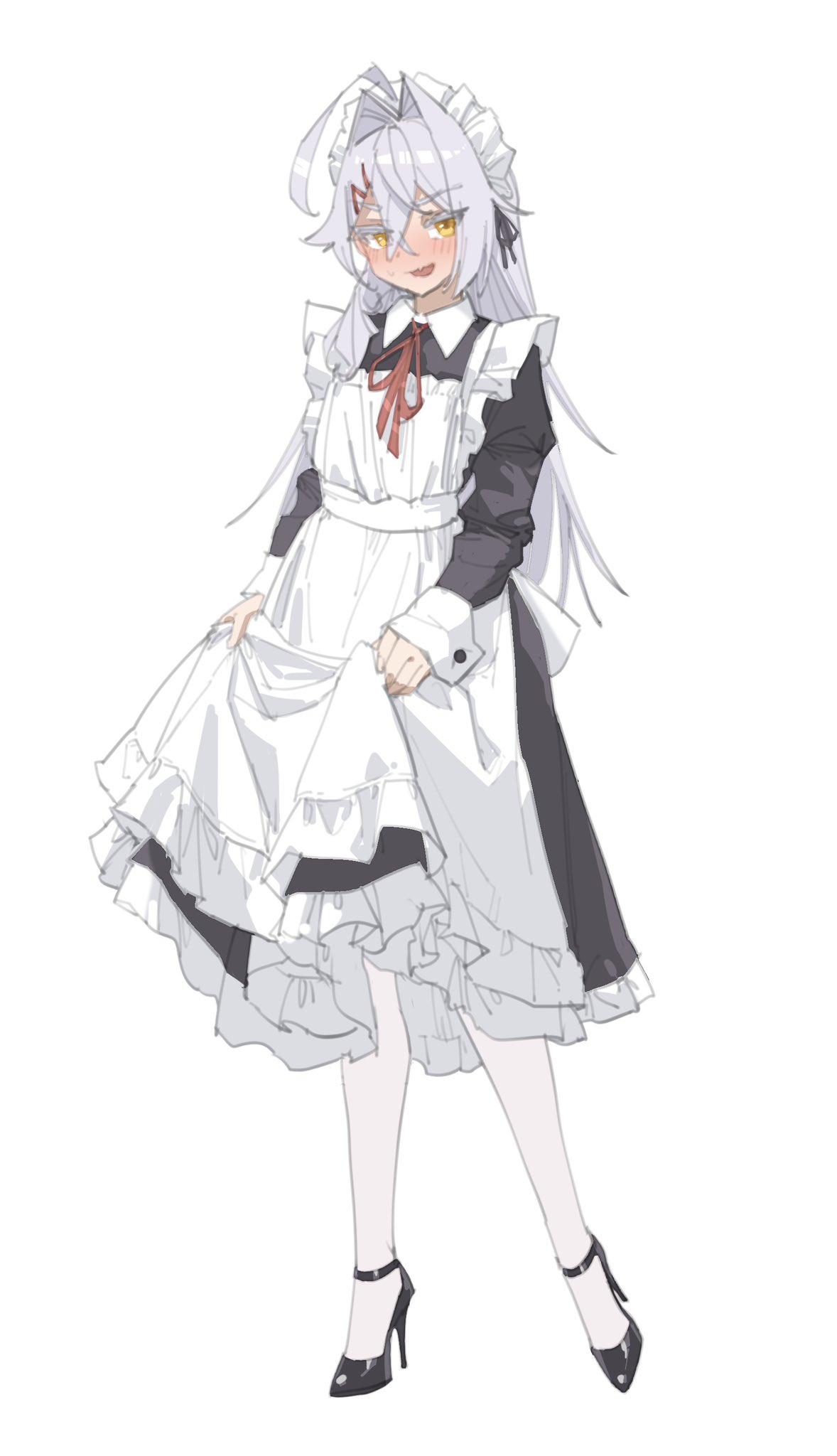 stank, original, highres, 1girl, ahoge, apron, black shoes, blush, clothes lift, d'orsay heels, high heels, long hair, looking at viewer, maid, maid apron, maid headdress, neck ribbon, pantyhose, red ribbon, ribbon, shoes, simple background, skirt, skirt lift, strappy heels, sweatdrop, very long hair, white hair, white pantyhose, yellow eyes