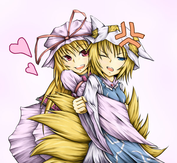 yuuhodou, yakumo ran, yakumo yukari, touhou, 2girls, :d, anger vein, angry, animal hat, blonde hair, female focus, fox tail, hat, heart, hug, long sleeves, mob cap, multiple girls, multiple tails, open mouth, pink background, purple eyes, short hair, simple background, smile, tabard, tail, upper body, wide sleeves, yellow eyes, yuri