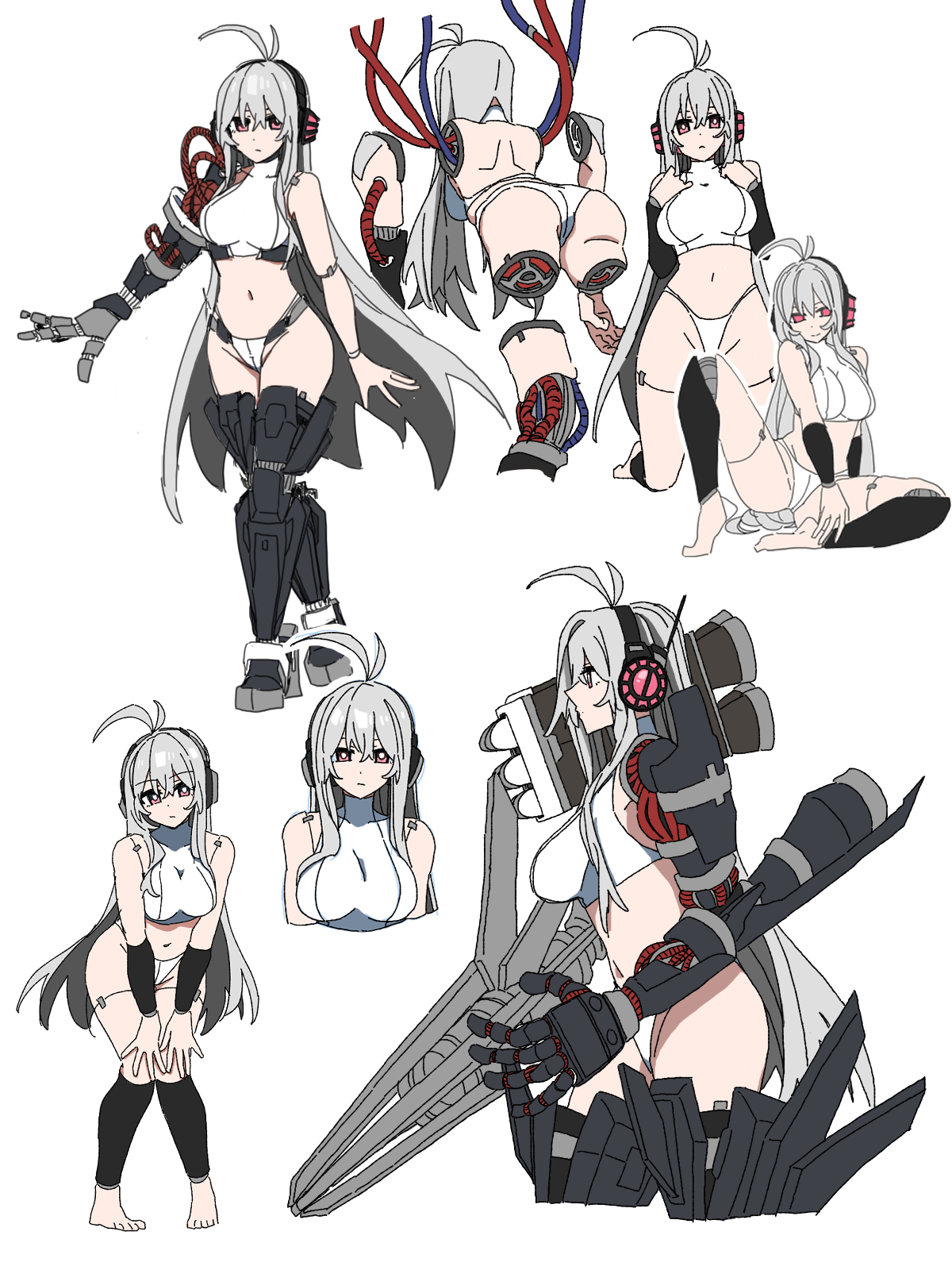 durindana 7, copyright request, highres, tagme, ass, breasts, cyborg, hands on own knees, headphones, large breasts, midriff, thighs, white hair, wire