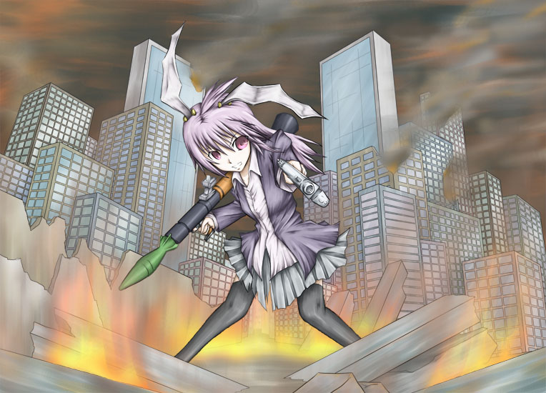 yuuhodou, reisen udongein inaba, touhou, 1girl, animal ears, building, female focus, fire, gun, m1 bazooka, rabbit ears, rocket launcher, rpg, rpg-7, rpg (weapon), skyscraper, solo, thighhighs, weapon