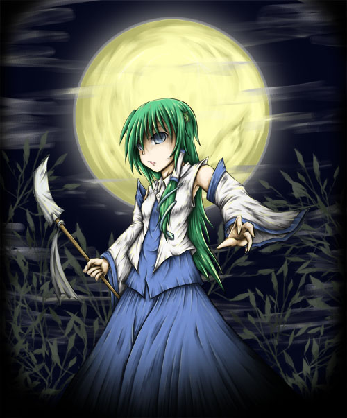 yuuhodou, kochiya sanae, touhou, 1girl, :o, blue skirt, cowboy shot, detached sleeves, female focus, frog hair ornament, full moon, gohei, green eyes, green hair, hair ornament, holding, long sleeves, matching hair/eyes, moon, nontraditional miko, oonusa, parted lips, skirt, solo, standing