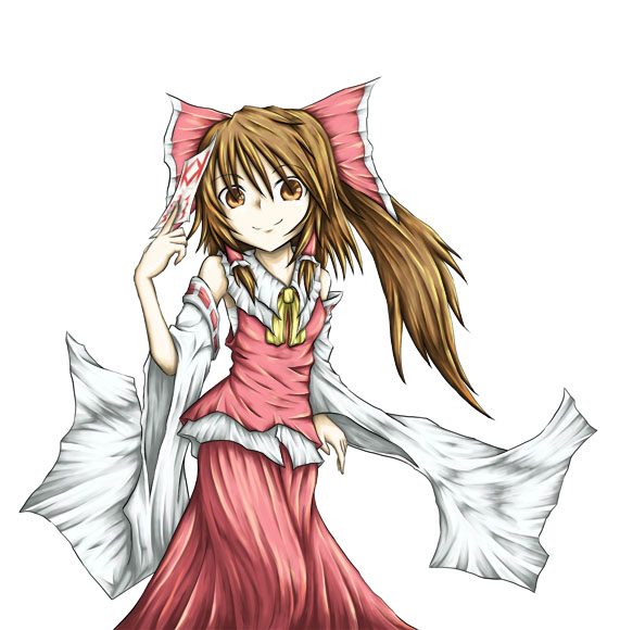yuuhodou, hakurei reimu, touhou, 1girl, bow, brown eyes, brown hair, detached sleeves, female focus, hair bow, hair tubes, long hair, looking at viewer, simple background, smile, solo, white background