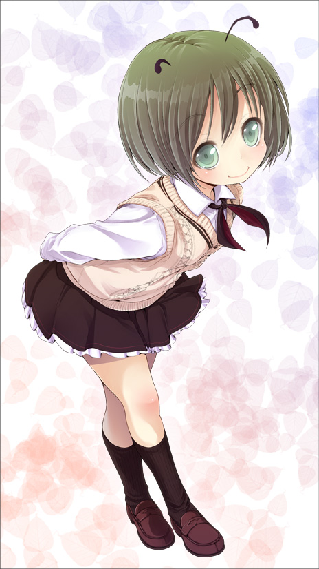 buriki, wriggle nightbug, touhou, 1girl, alternate costume, antennae, female focus, green eyes, green hair, matching hair/eyes, school uniform, serafuku, skirt, socks, solo, sweater vest, vest