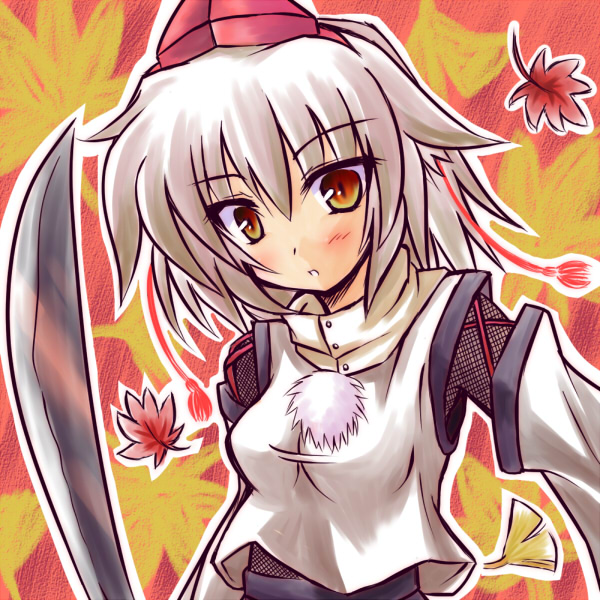 sazetsu, tokiniwa, inubashiri momiji, touhou, silver hair, 1girl, animal ears, detached sleeves, female focus, fishnets, hat, leaf, orange eyes, pom pom (clothes), short hair, solo, sword, tokin hat, weapon, wolf ears