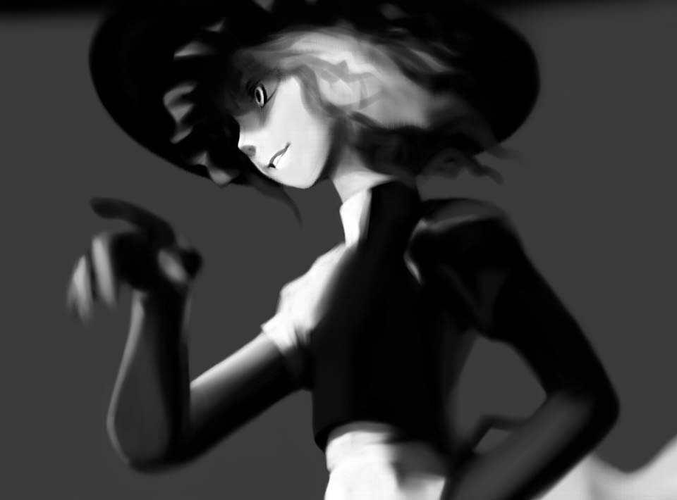 futon (kitsune tsuki), kitsune tsuki, kirisame marisa, touhou, 1girl, female focus, from below, grey background, greyscale, hat, index finger raised, long sleeves, monochrome, pointing, short hair, simple background, solo, upper body, witch hat