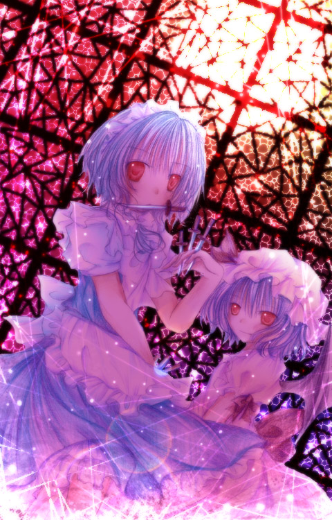 kasuga sunao, izayoi sakuya, remilia scarlet, touhou, 2girls, between fingers, female focus, holding, knife, multiple girls, throwing knife, weapon