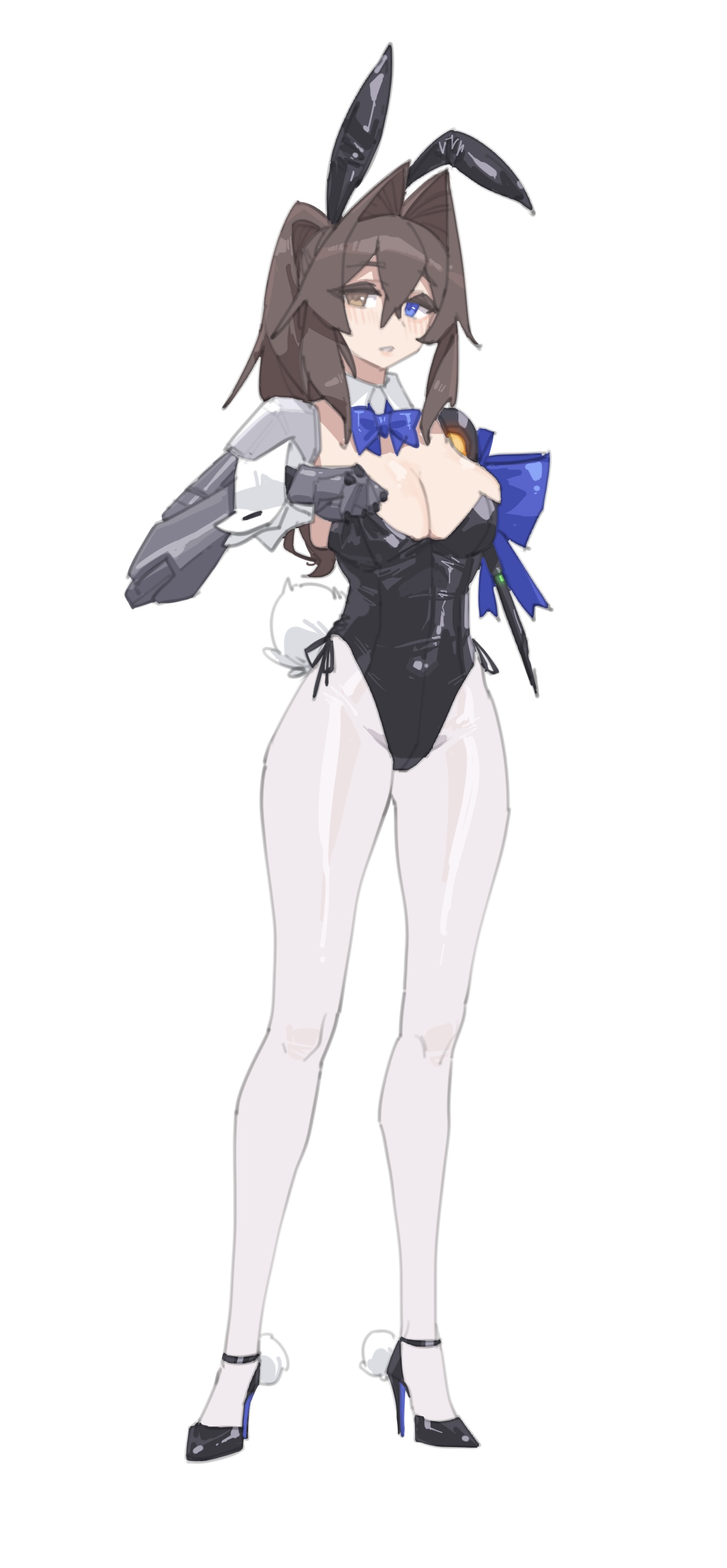 stank, original, absurdres, highres, 1girl, adjusting clothes, animal ears, black hair, black leotard, black shoes, blue bow, blue bowtie, blue eyes, blush, bow, bowtie, breasts, brown eyes, cleavage, collar, d'orsay heels, fake animal ears, heterochromia, high heels, large breasts, leotard, long hair, pantyhose, playboy bunny, prosthesis, prosthetic arm, rabbit ears, rabbit tail, rabbit tail footwear, shoes, simple background, strappy heels, tail, white collar, white pantyhose, white wrist cuffs, wrist cuffs