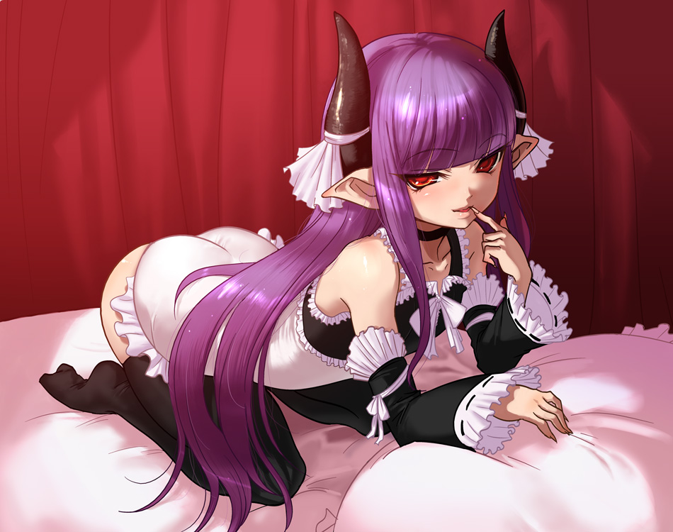 mumu, gallico, gyakushuu (series), gyakushuu 3, bad id, bad pixiv id, 1girl, all fours, bed, black thighhighs, demon girl, detached sleeves, female focus, finger to mouth, fingernails, horns, kneeling, long fingernails, long hair, naughty face, pillow, pointy ears, purple hair, red eyes, solo, thighhighs