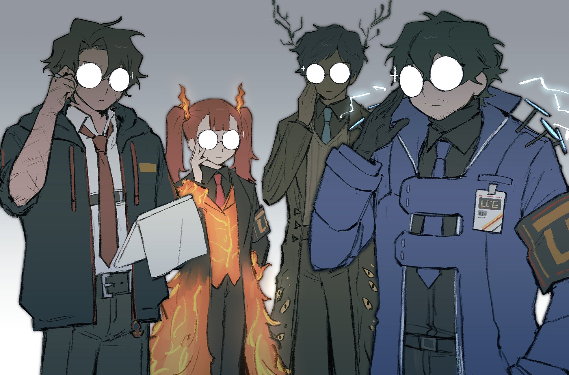 yobunkiii, heathcliff (project moon), limbus company, project moon, highres, 1girl, 3boys, alyssa (project moon), armband, black coat, black hoodie, black shirt, blue coat, blue hair, blue necktie, brown coat, brown hair, brown vest, coat, collared shirt, dark-skinned male, dark skin, fiery clothing, glasses, grey background, hohenheim (project moon), hood, hoodie, horns, looking at viewer, male focus, marton (project moon), multiple boys, necktie, orange vest, red hair, red necktie, round eyewear, scar, shirt, short hair, simple background, standing, twintails, upper body, vest, white shirt