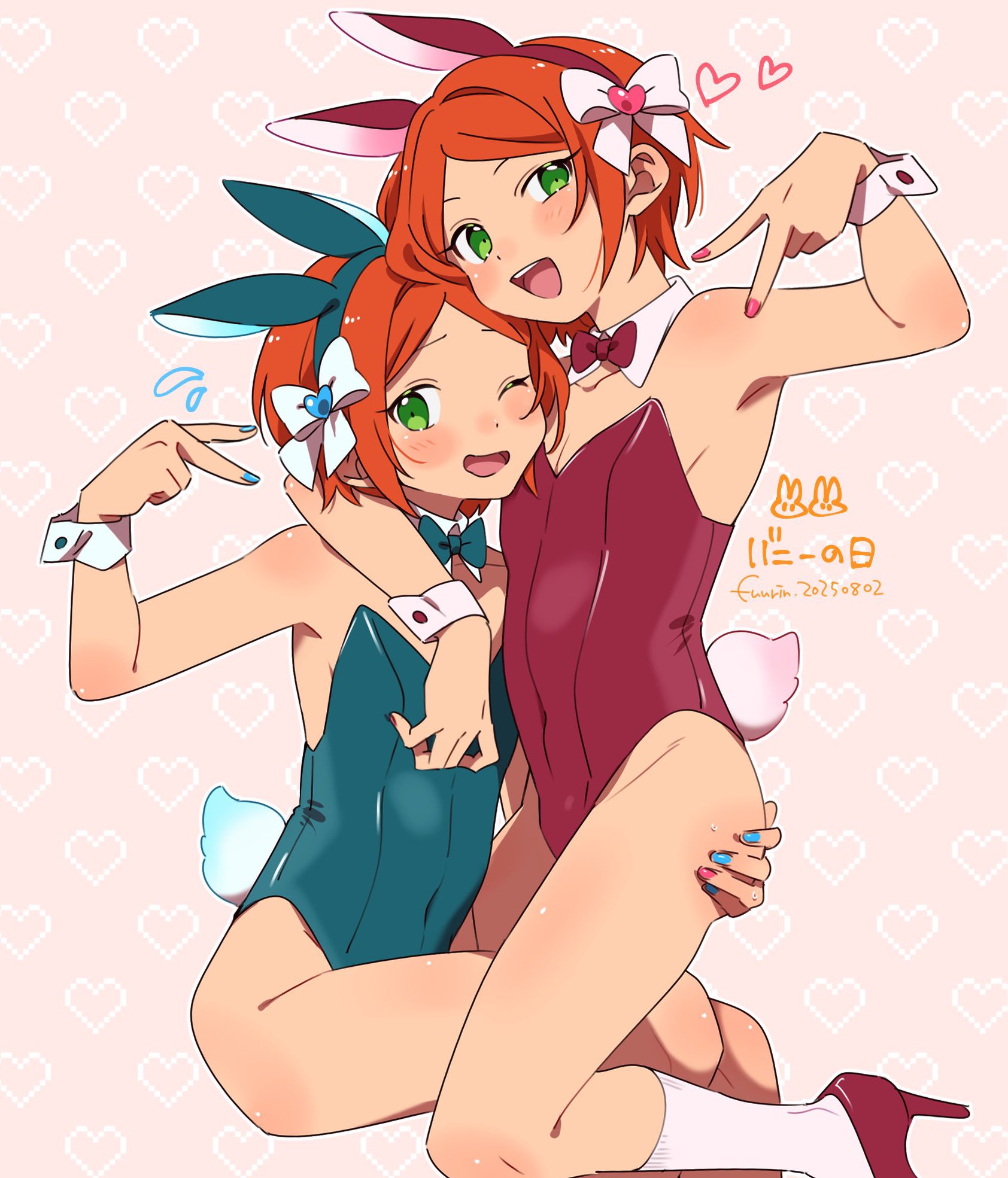 fuurin (sior fr), aoi hinata, aoi yuta, ensemble stars!, highres, 2boys, 2wink (ensemble stars!), animal ear hairband, animal ears, aqua leotard, blush, bow, bowtie, brothers, covered navel, detached collar, fake animal ears, fake tail, green eyes, hair bow, hairband, hand on another's ass, heart, heart background, high heels, hug, leotard, looking at viewer, male focus, male playboy bunny, multiple boys, nail polish, one eye closed, orange hair, parted bangs, rabbit ear hairband, rabbit ears, rabbit tail, red leotard, red shoes, shoes, short hair, siblings, simple background, smile, socks, strapless, strapless leotard, tail, twins, v, white socks, wrist cuffs