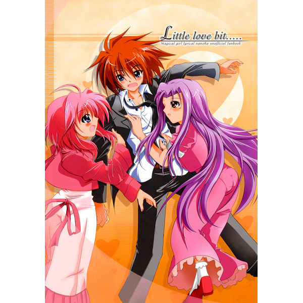 kagura yuuto, caro ru lushe, erio mondial, lutecia, lutecia alpine, lyrical nanoha, mahou shoujo lyrical nanoha, mahou shoujo lyrical nanoha strikers, 00s, 1boy, 2girls, blush, dress, long hair, multiple girls, pink hair, purple eyes, purple hair, red eyes, short hair