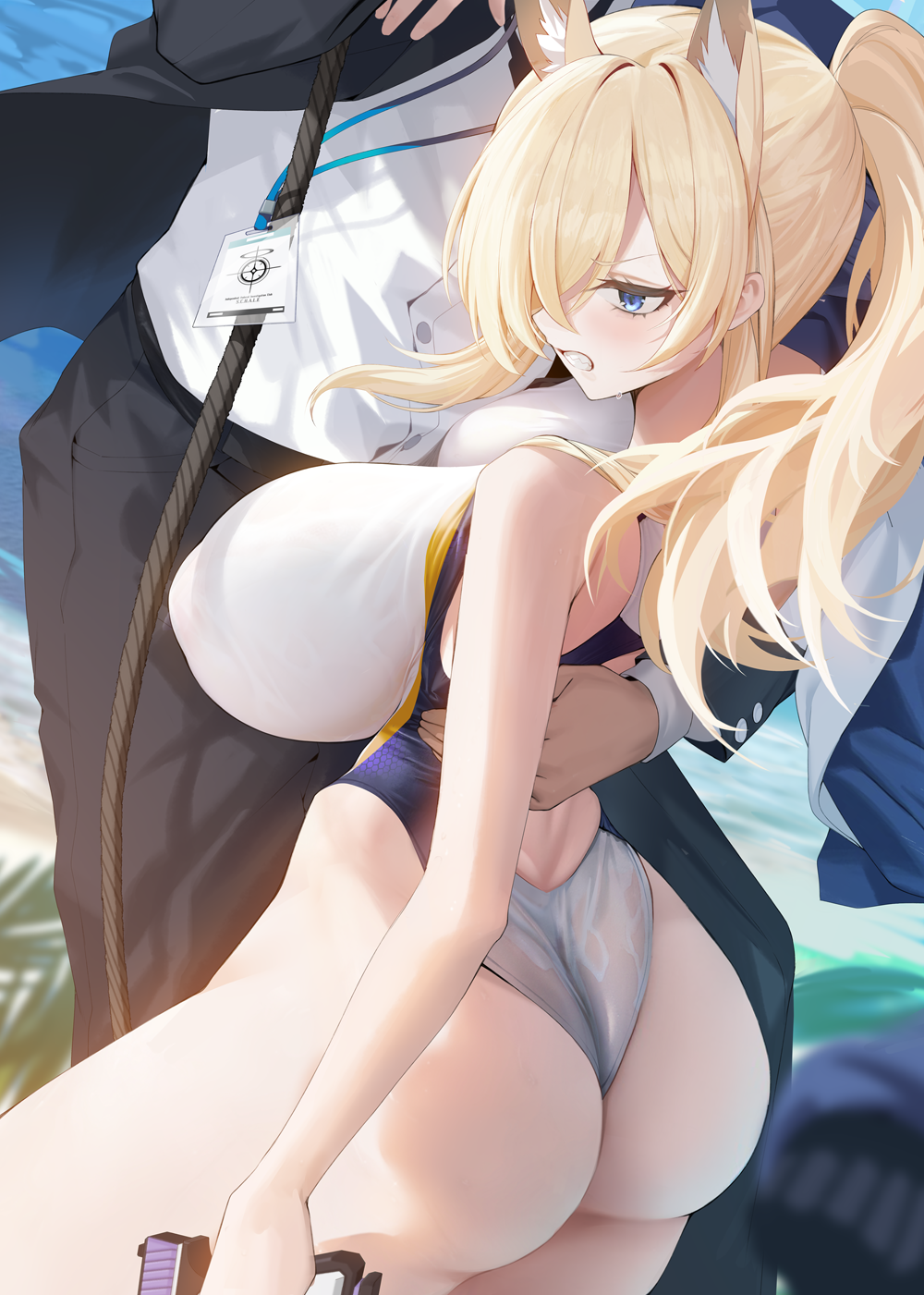xiujia yihuizi, kanna (blue archive), kanna (swimsuit) (blue archive), sensei (blue archive), blue archive, highres, 1boy, 1girl, animal ears, arm around waist, ass, bare shoulders, blonde hair, blue eyes, blush, breasts, gun, hair over one eye, handgun, highleg, highleg one-piece swimsuit, holding, huge breasts, long hair, official alternate costume, one-piece swimsuit, one eye covered, outdoors, ponytail, shirt, solo focus, swimsuit, weapon, white one-piece swimsuit, white shirt