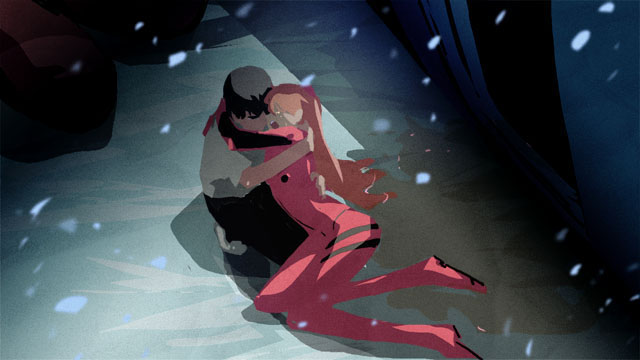 mebae, ikari shinji, souryuu asuka langley, neon genesis evangelion, 1boy, 1girl, arm around shoulder, arm around waist, black hair, crying, from above, gloves, hand on another's back, hetero, hug, interface headset (evangelion), leaning on person, long hair, lying on person, mecha pilot suit, on ground, open mouth, orange hair, outdoors, plugsuit (evangelion), shadow, snow, snowflakes, snowing, squatting, two side up, very long hair, wide hips