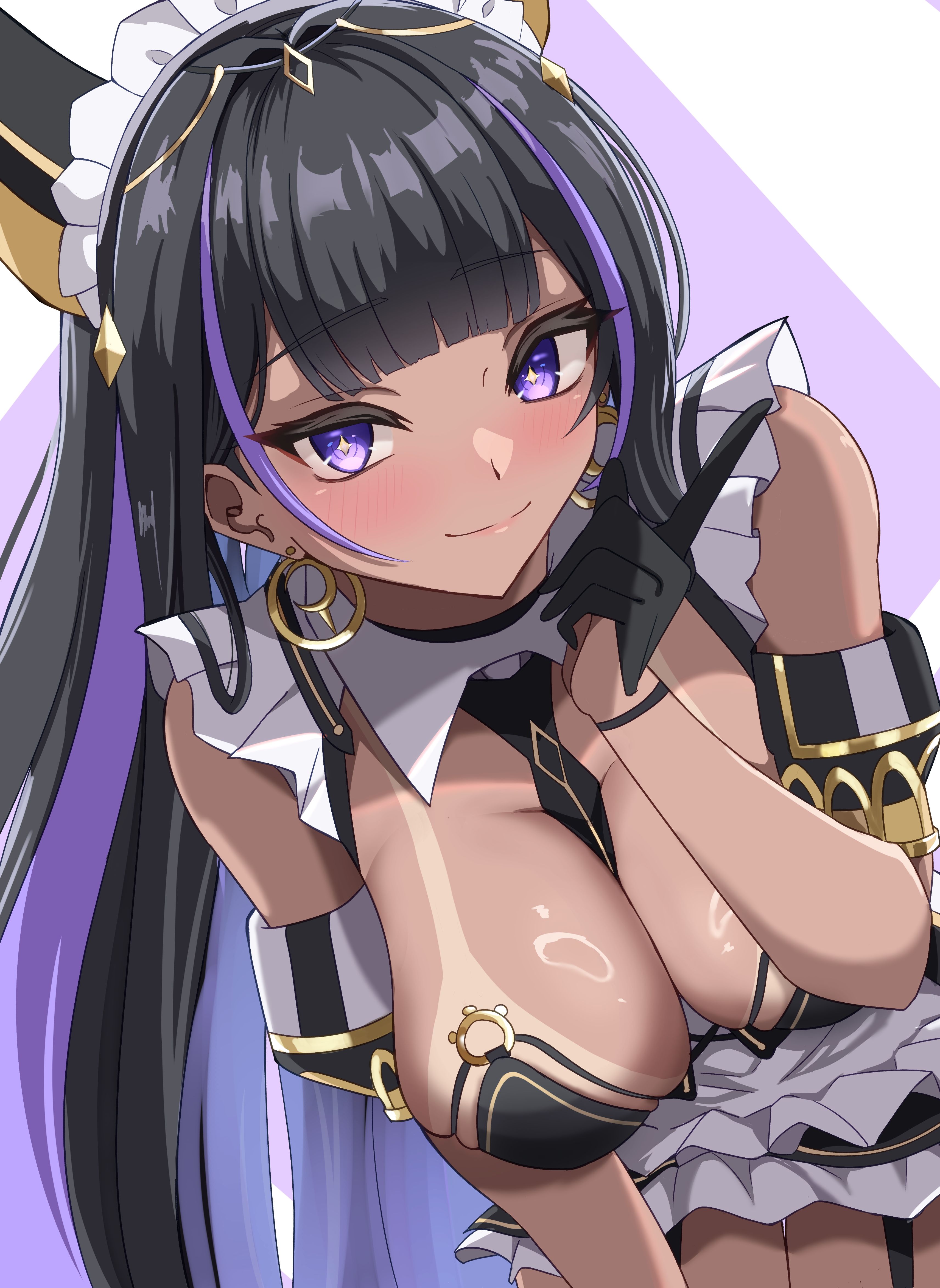 joo0nnvrppoxqeo, cleopatra (azur lane), azur lane, absurdres, commentary request, highres, 1girl, apron, between breasts, bikini, bikini tan, black dress, black gloves, black hair, black necktie, blush, breasts, closed mouth, dark-skinned female, dark skin, dress, frilled apron, frills, gloves, hand up, jackal girl, large breasts, leaning forward, long hair, looking at viewer, maid, maid headdress, multicolored hair, necktie, necktie between breasts, purple eyes, purple hair, sleeveless, sleeveless dress, solo, standing, star-shaped pupils, star (symbol), strapless, strapless bikini, streaked hair, swimsuit, symbol-shaped pupils, tan, tanline, white apron
